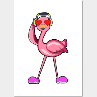 Flamingo with Headphone & Hearts Posters and Art